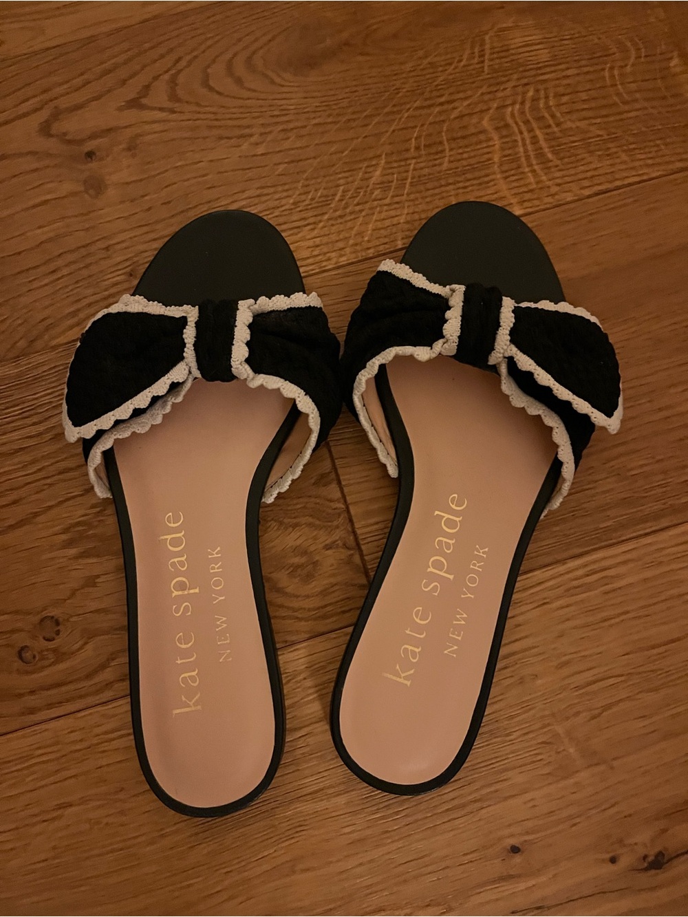 kate spade Black and Cream Bow Slide Sandals